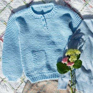 Vintage Handmade Baby Blue Henley Sweater w/ Front Patch Pockets
